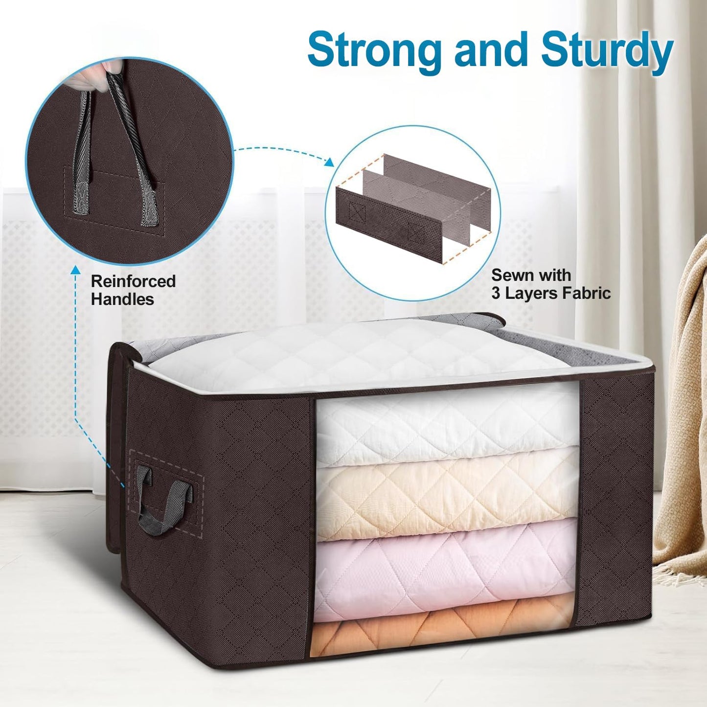 Budding Joy Clothes Storage, Foldable Large Storage Bags, Storage and Organization for Clothing, Blanket, Comforter, Clothes, Pillows, Closet Organizers with Enhanced Handle, 60L 6 Pack Brown