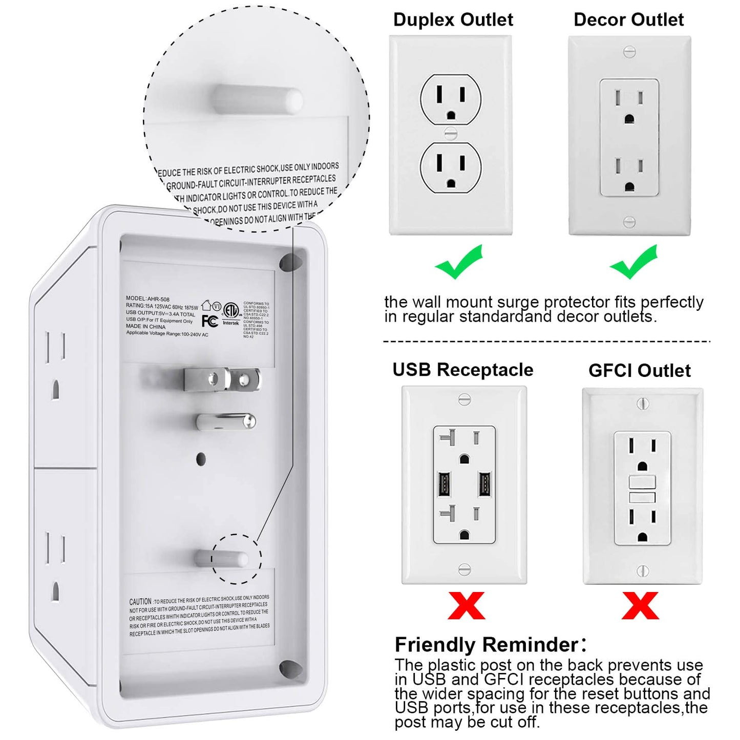 Multi Plug Outlet Surge Protector - POWRUI 6 Outlet Extender with 3 USB Ports (1 USB C) and Night Light, 3-Sided Power Strip with Adapter Spaced Outlets - White, ETL Listed