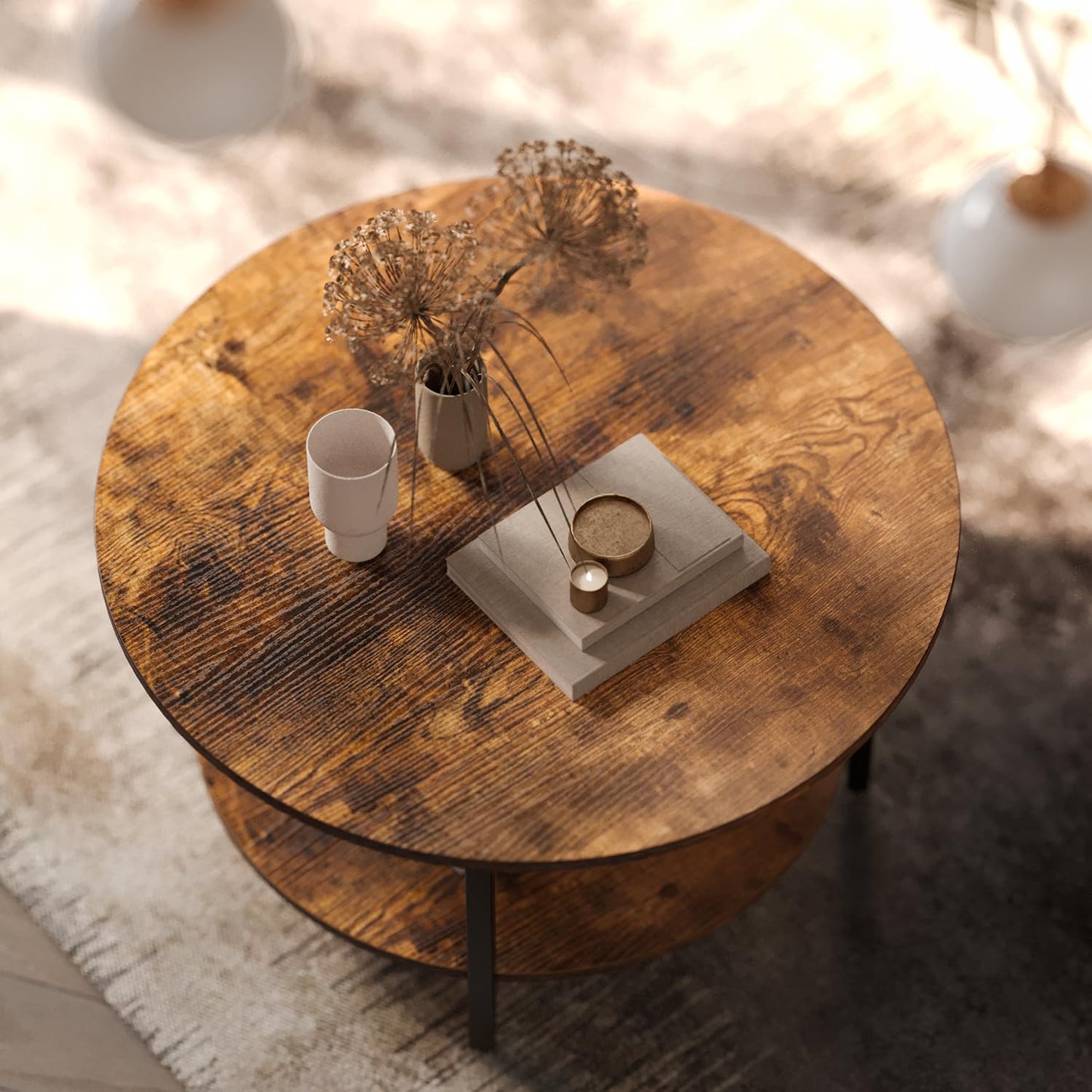 FABATO Round Lift Top Coffee Table with Storage and Hidden Compartment, 26.77'' Farmhouse Coffee Table for Living Room Reception Room, 2 Tier Small Round Coffee Table Circle Dining Table, Rustic Brown