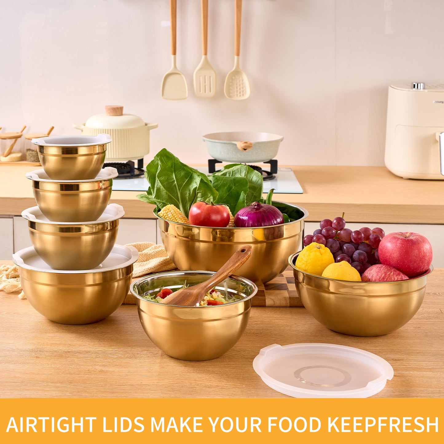 Onlycooker Gold Mixing Bowls With Airtight Lids,Stainless Steel Bowl,Salad Bowls 7 Piece Colorful Nesting Bowl Rainbow Kitchen Accessories,Size 7,3.6,2.7,2.1,1.5,1.1,0.8QT Stackable Design