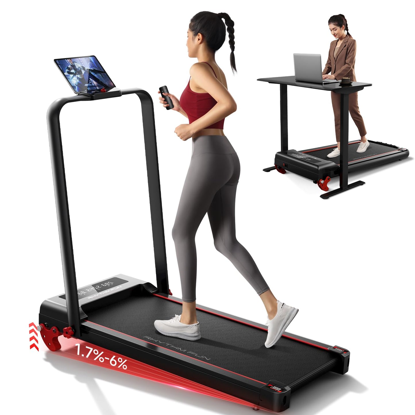 RHYTHM FUN Treadmill with Incline, Walking Pad Treadmill with Handle Bar, Walking Pad with Incline 300lbs Foldable Treadmills with APP, Portable Folding Treadmills for Home/Office with Low Noise