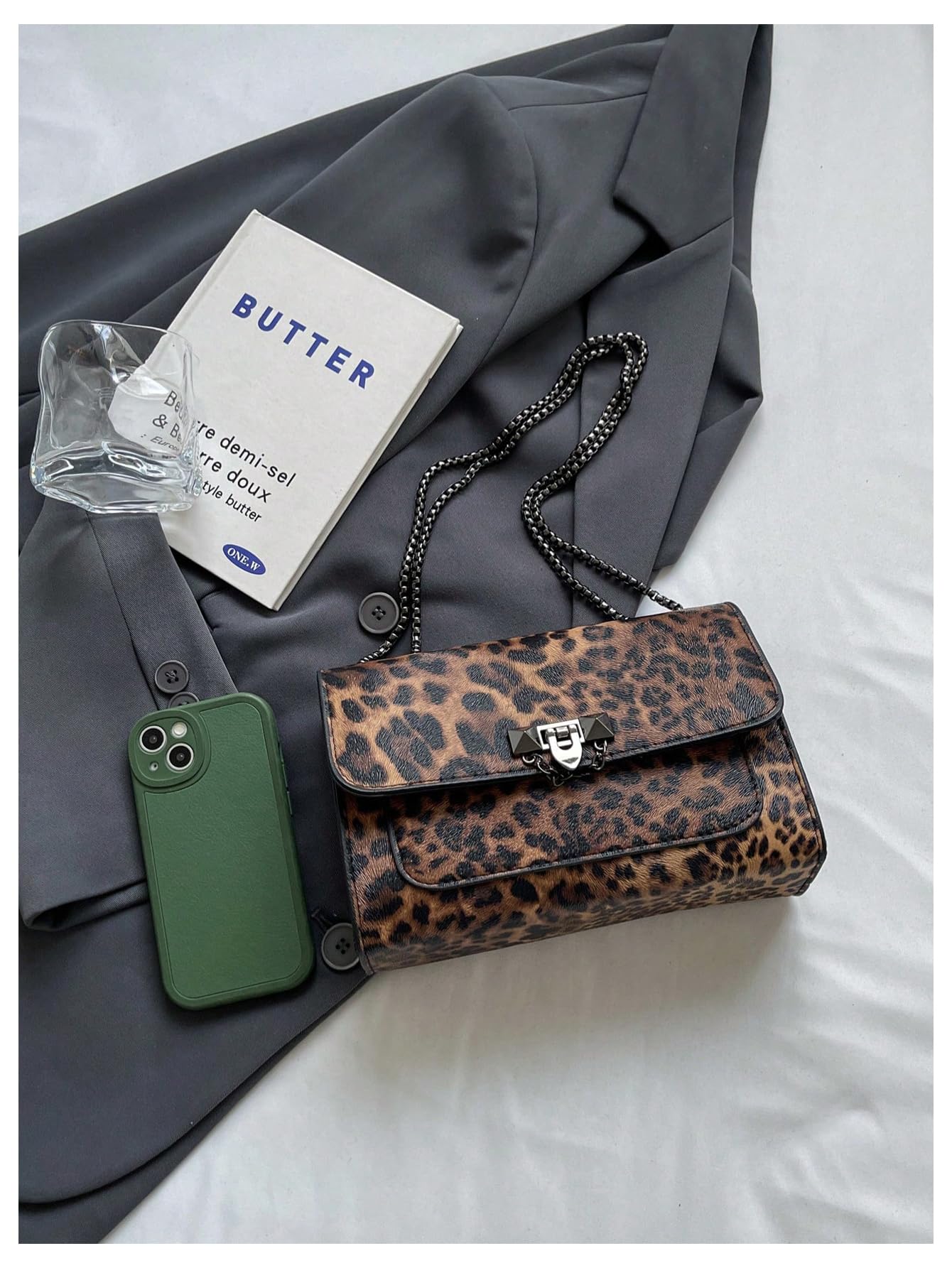 RoseSeek Women's Leopard Print Chain Shoulder Bag Metal Buckle Handbags Leather Clutch Purse Coffee Brown One-Size