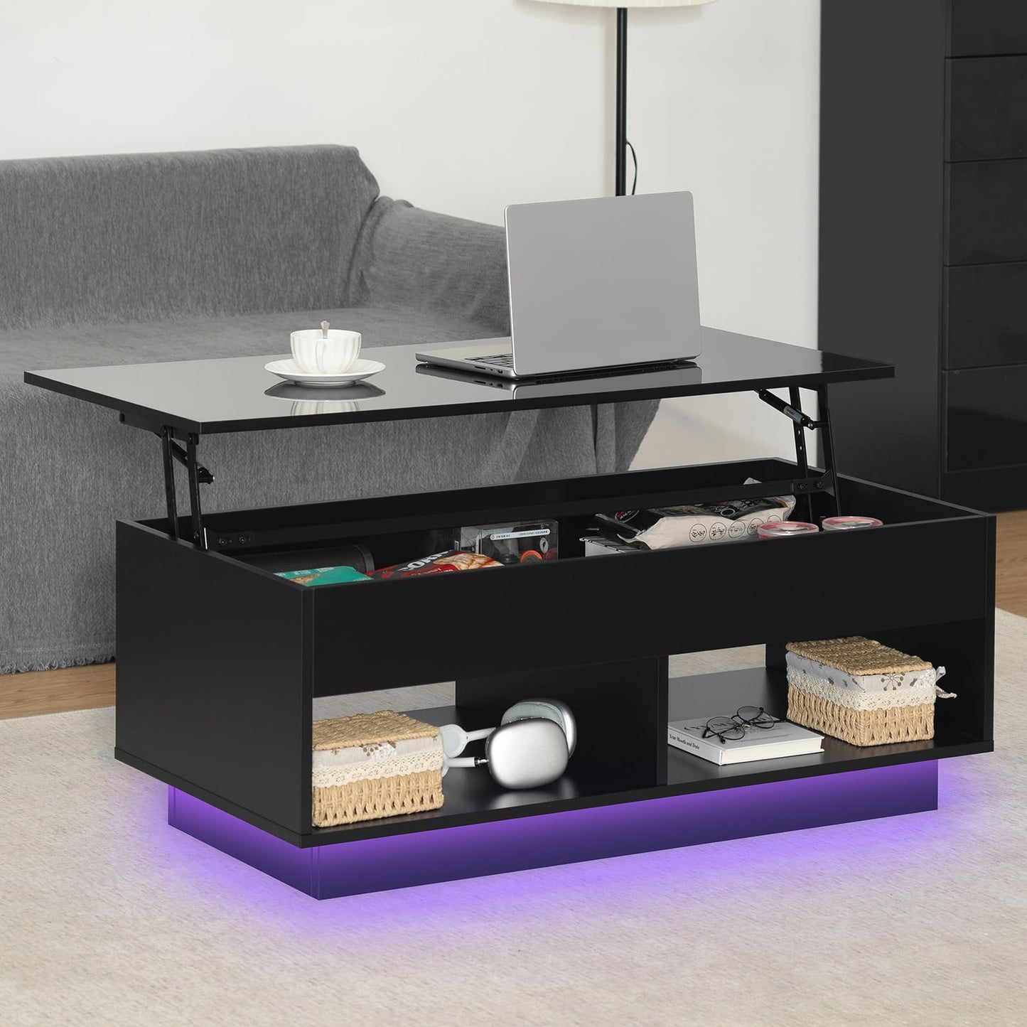 HOMMPA 40" Modern LED Coffee Table with Storage for Living Room, Lift Top Coffee Table with 2 Shelves, High Glossy Wooden Dining Table, Multifunctional Furniture for Bedroom Home Office, Black