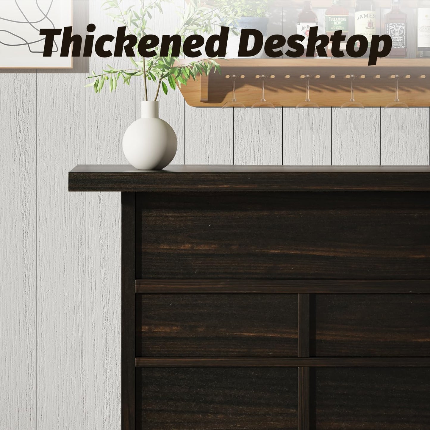 52 Inch Large Home Bar Unit, 4-Tier Storage Bar Table with Footrest & 3 Drawers, Farmhouse Wine Bar Cabinet with 9 Wine Rack & 2 Barn Doors for Living Room, Dining Room, Dark Oak