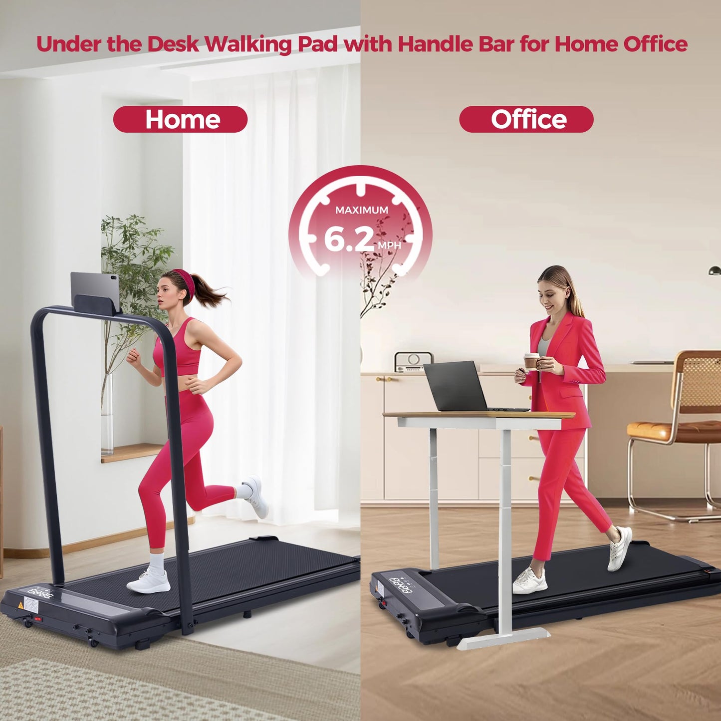 Portable Walking Pad Treadmills with Handle Bar, 3.0HP Folding Foldable Walking Pads Treadmill with Handles, Under Desk Compact Small Treadmill for Home Office Apartment, LED Display, 320LBS