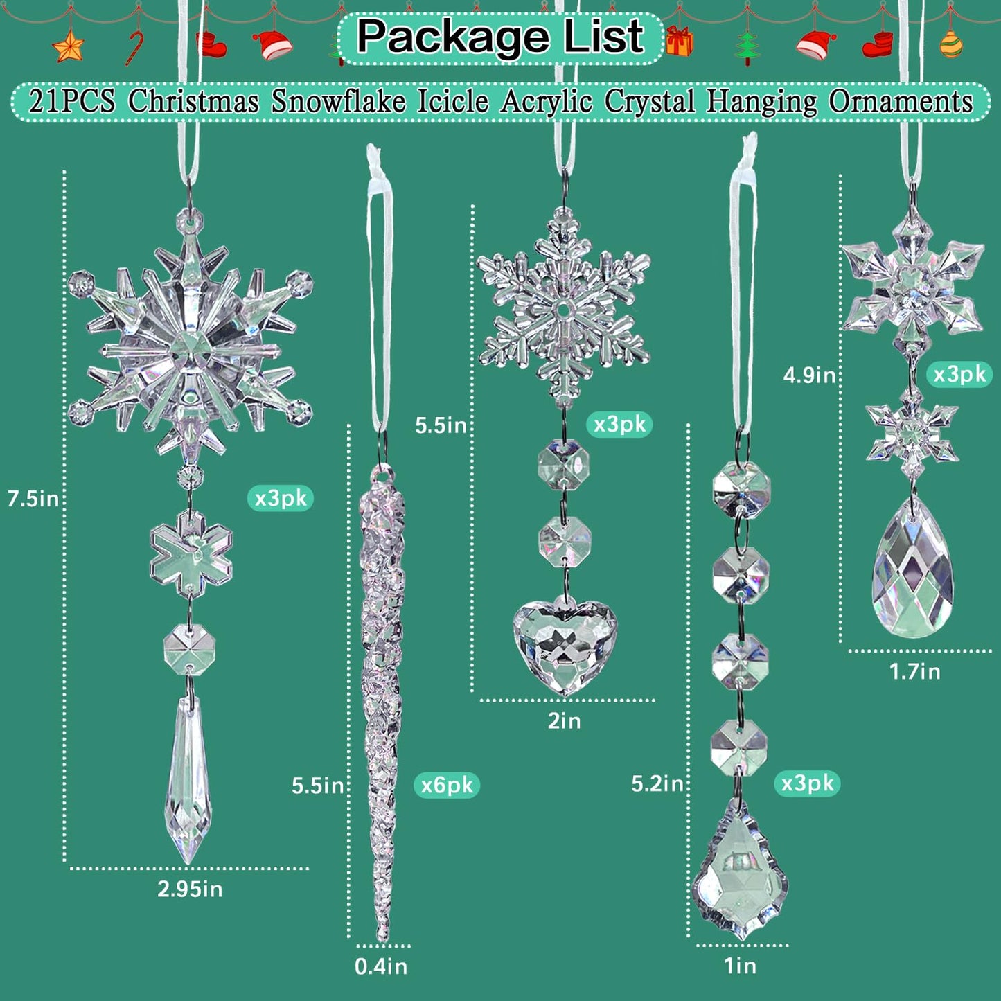 Jishi 21pcs Crystal Christmas Ornaments for Christmas Tree Decorations, Hanging Crystals Acrylic Snowflake Icicle Ornaments Set w/Drop Pendants for Winter Wonderland, Holiday Home Decor Party Supplies