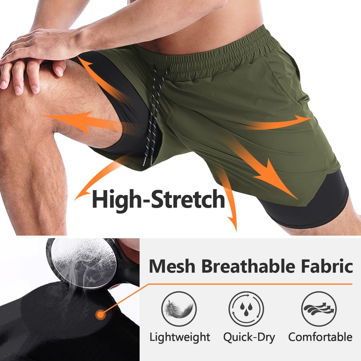 Aolesy Men’s 2 in 1 Running Shorts 5 Inch Workout Gym Athletic Shorts for Men Quick Dry Lightweight Training Shorts with Pockets Olive Green