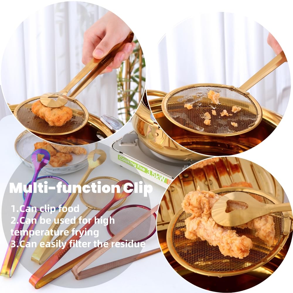 Stainless Steel Deep Fryer for Home, 115Oz Tempura Fryer Pot w/Thermometer and Oil Drip Rack Lid, Japanese Style Deep Frying Pan w/Strainer Clip, for Tempura chips, Fish, and Chicken (Rainbow Color)