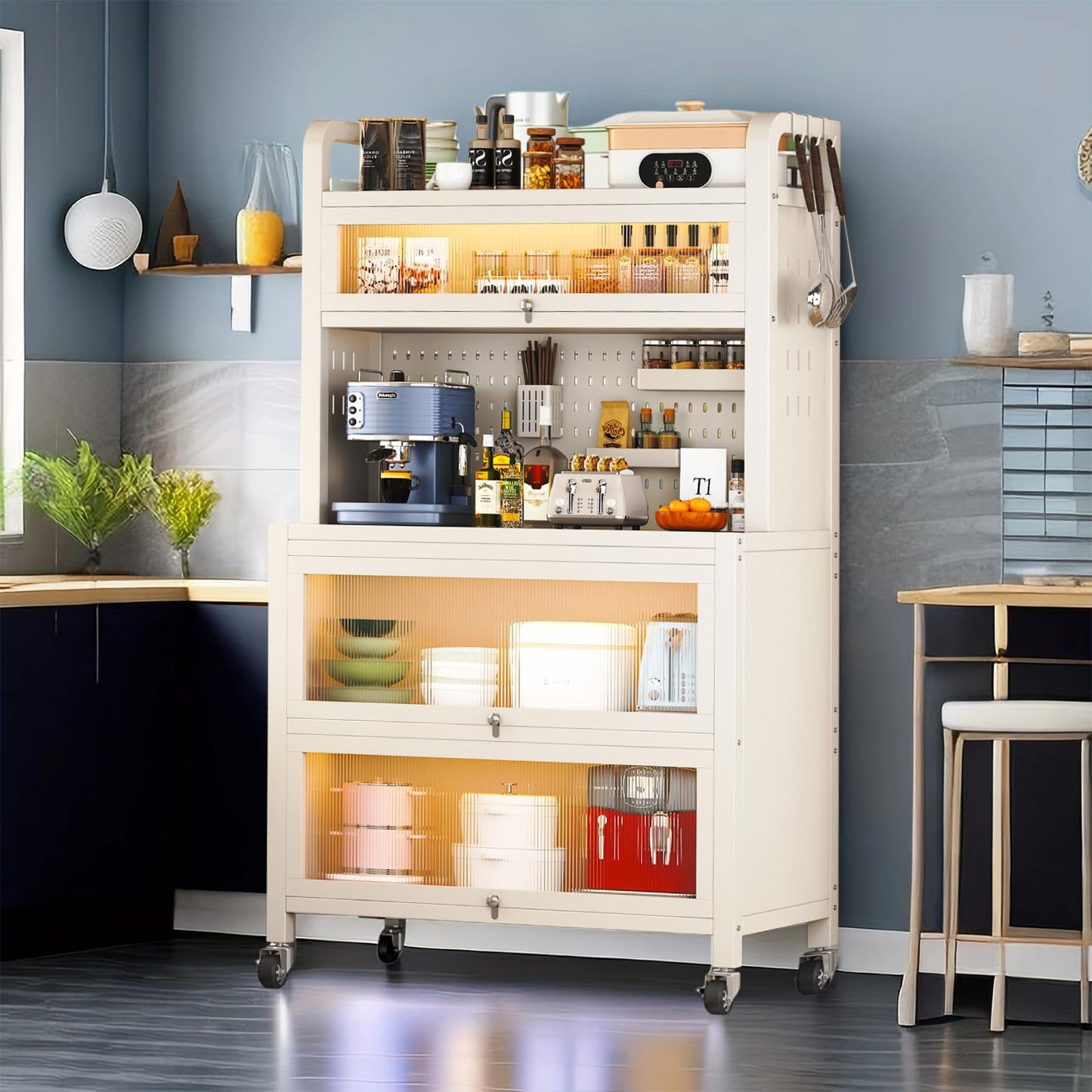 Voclym Bakers Rack with Wheels, 5-Tier Coffee Bar with Wheels, Microwave Stand with Storage, Kitchen Shelves for Kitchen Pantry, Storage Room, White