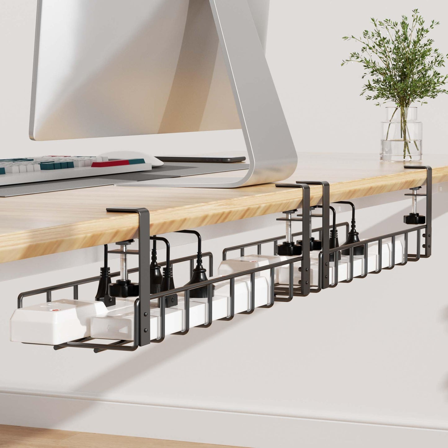 2 Pack Cable Management Under Desk Tray, 31.4" No Drill Under Desk Wire Management with Upgraded Clamp, Metal Cord Organizers for Desk with Cable Organizers, PC Cable Management Rack, Black