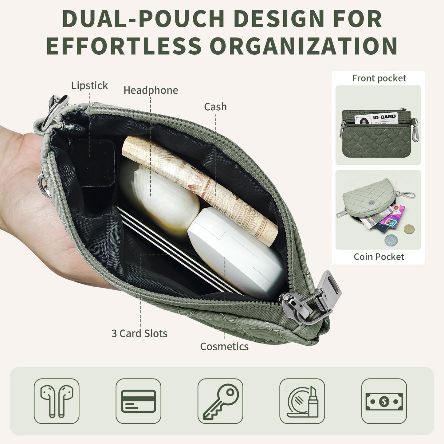 Lavarach Keychain Wallet Quilted Grid Mini Zip Around Wristlet Wallets for Women Detachable Dual Pouch Wristlet Portable Coin Purse Small Wallets Green