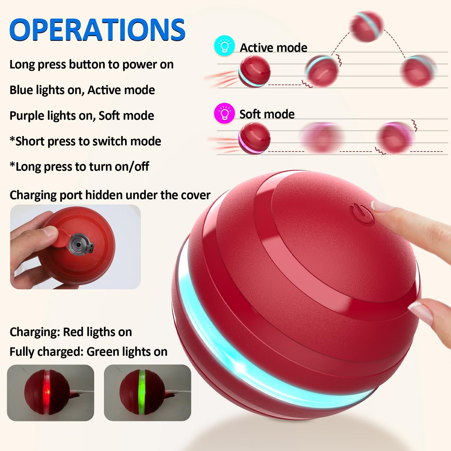 BENTOPAL Interactive Dog Balls with Motion Activated, Wicked Ball Squeaky Dog Toy Oxford Bag Keep Dogs Busy (Red Ball)