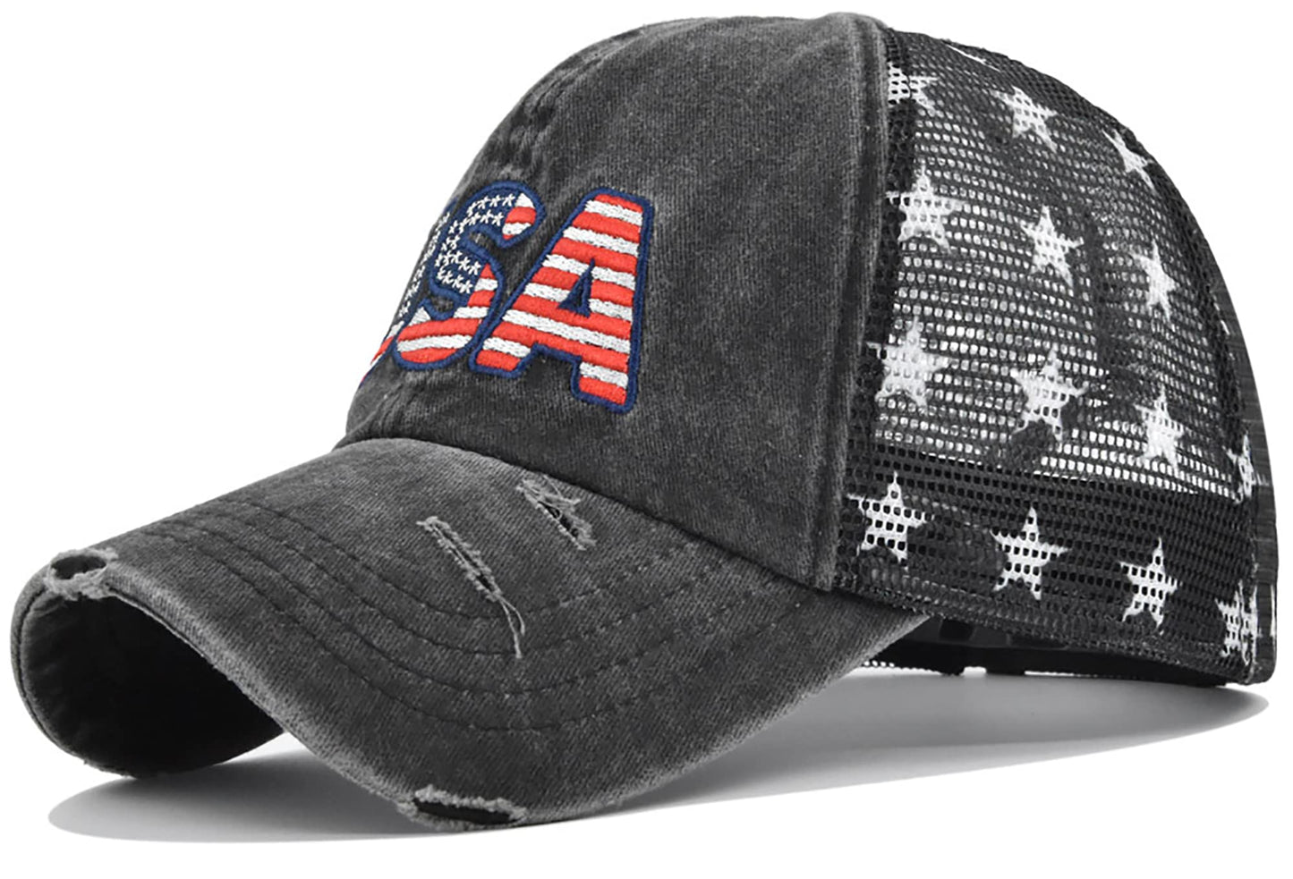 Patriotic-USA-Baseball-Caps Woman-Man-Washed-Worn-Out-Mesh-Sun-Hat for 4th July (Size M)