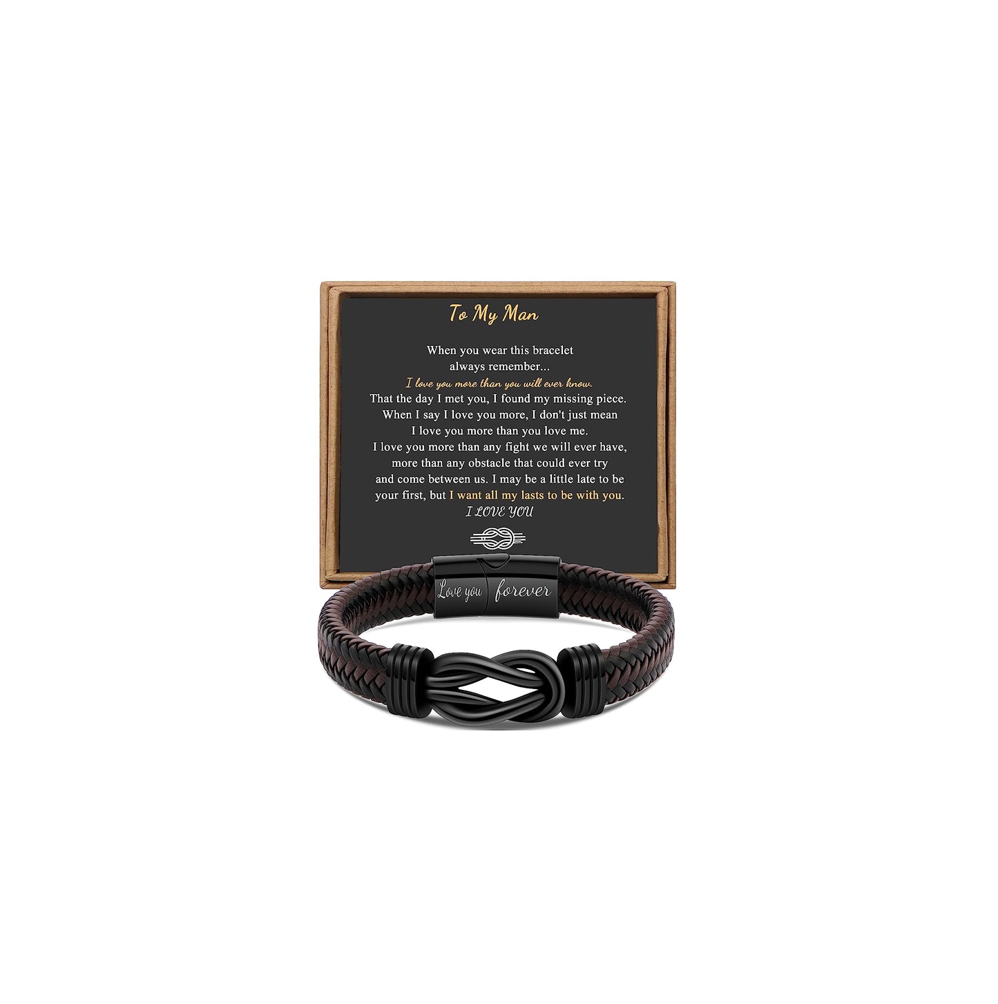 Gift for Men Infinity Bracelet for Men Dad Husband Boyfriend Son Grandson Brother Nephew Uncle Brown Braided Leather Forever Linked Together Stainless Steel Engraved with Love You Forever Jewelry 7.5|8.5|9 Inches