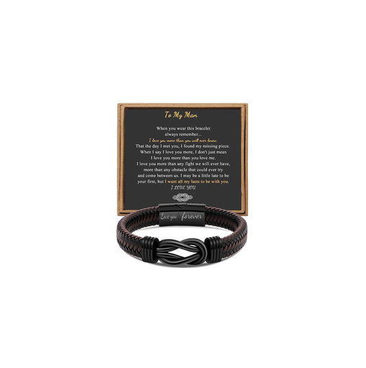 Gift for Men Infinity Bracelet for Men Dad Husband Boyfriend Son Grandson Brother Nephew Uncle Brown Braided Leather Forever Linked Together Stainless Steel Engraved with Love You Forever Jewelry 7.5|8.5|9 Inches