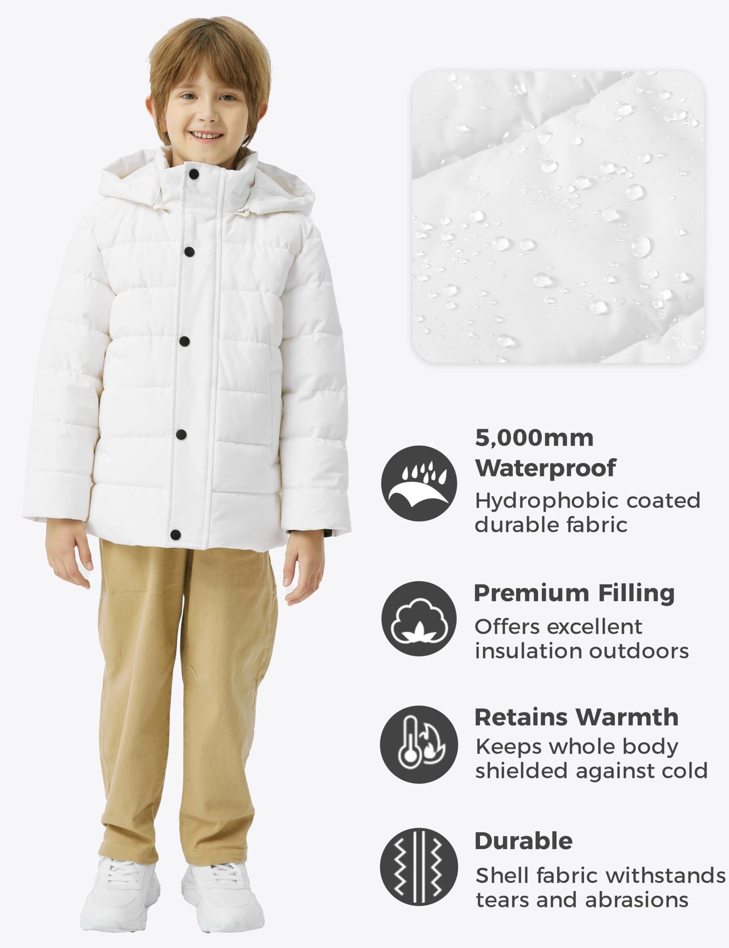wantdo Boys' Winter Coat Waterproof Puffer Jacket Thicken with Hood White 10-12