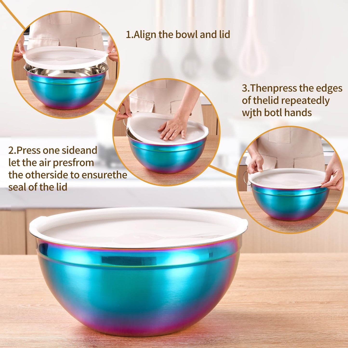 Onlycooker Rainbow Mixing Bowls With Airtight Lids,Stainless Steel Bowl,Salad Bowls 7 Piece Colorful Nesting Bowl Rainbow Kitchen Accessories,Size 7,3.6,2.7,2.1,1.5,1.1,0.8QT Stackable Design