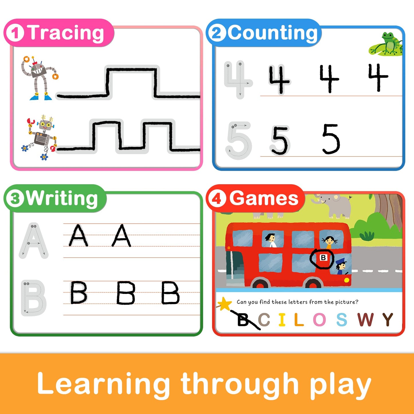 Hulupiggy Preschool Learning Activities 60 Reusable Pages, Tracing Letter Number Handwriting Practice Book for Kids, Montessori Autism Educational Fine Motor Toddler Learning Toys for 3 4 5 Year Olds