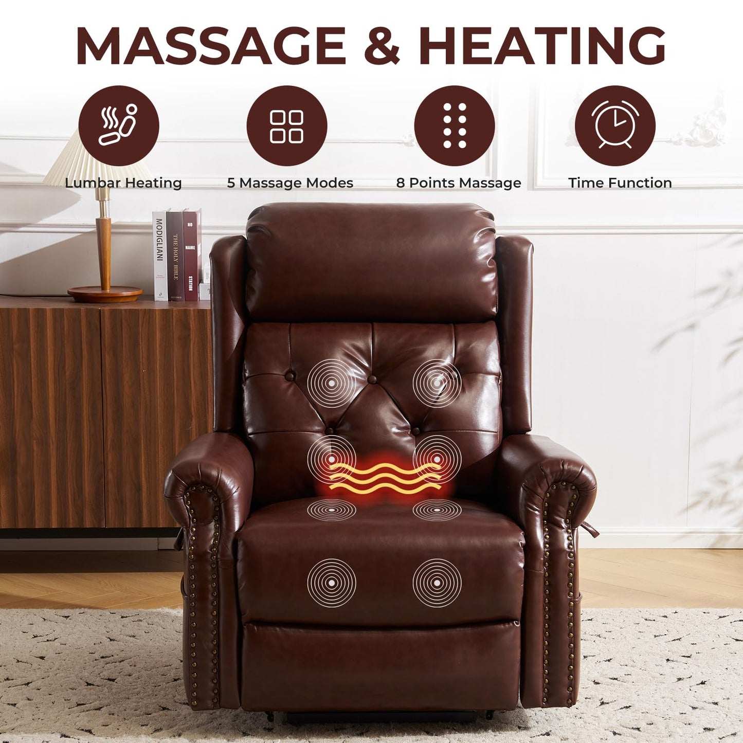 Rhevoy Power Lift Recliner Chair for Elderly with Adjustable Headrest,Electric Lift Chair with Massage and Heat, Lay Flat Recliner for Big and Tall,Brown