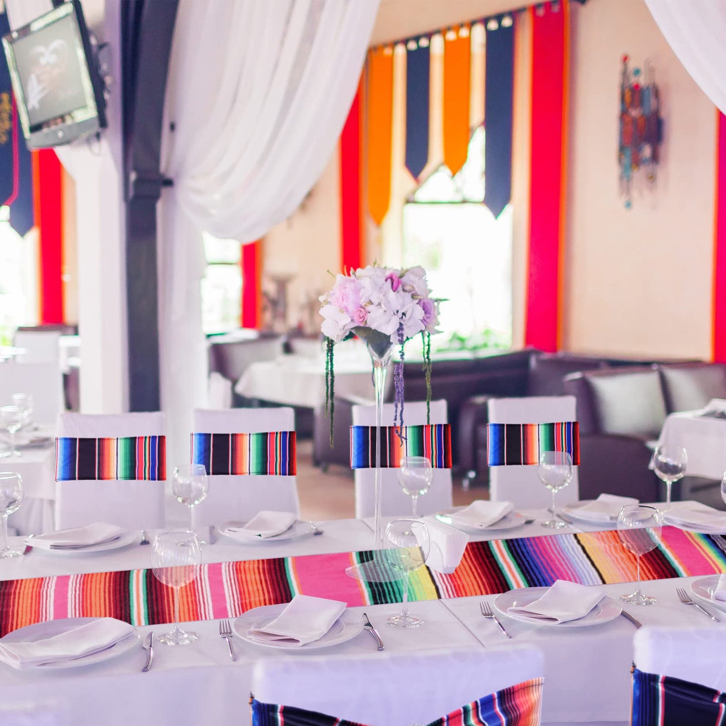 Newwiee 48 Pieces Mexican Theme Stretch Chair Sashes Dining Spandex Chair Sashes Bands with Buckle for Wedding Event Fiesta Party Favor Ceremony Reception Banquet Mardi Gras Decoration (Retro)