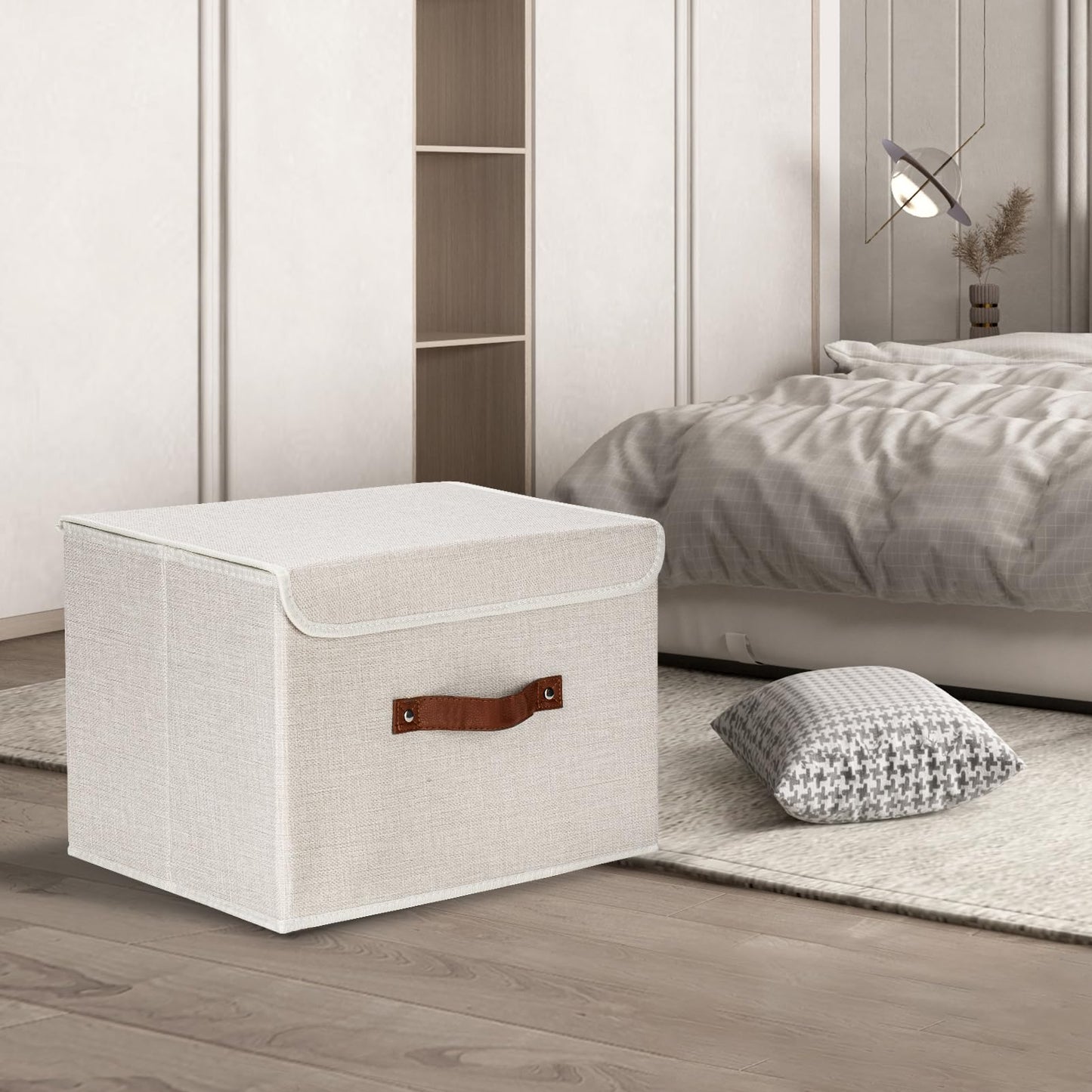 TYEERS Collapsible Storage Boxes, Washable Fabric Storage Bins with Lids, 14.9x9.8x9.8 inches, 2 Pack, Beige