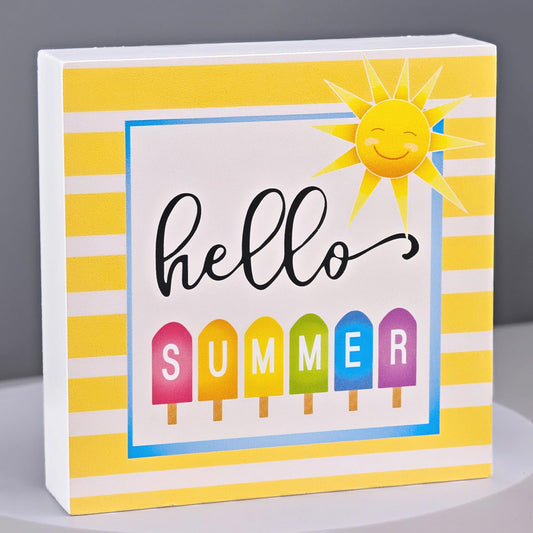 Summer Decor Summer Decorations for Home Hello Sunshine Popsicle Wood Box Sign Rustic Wooden Shelf Desk Decor Season House Warming Gifts 5.9 x 5.9 Inch