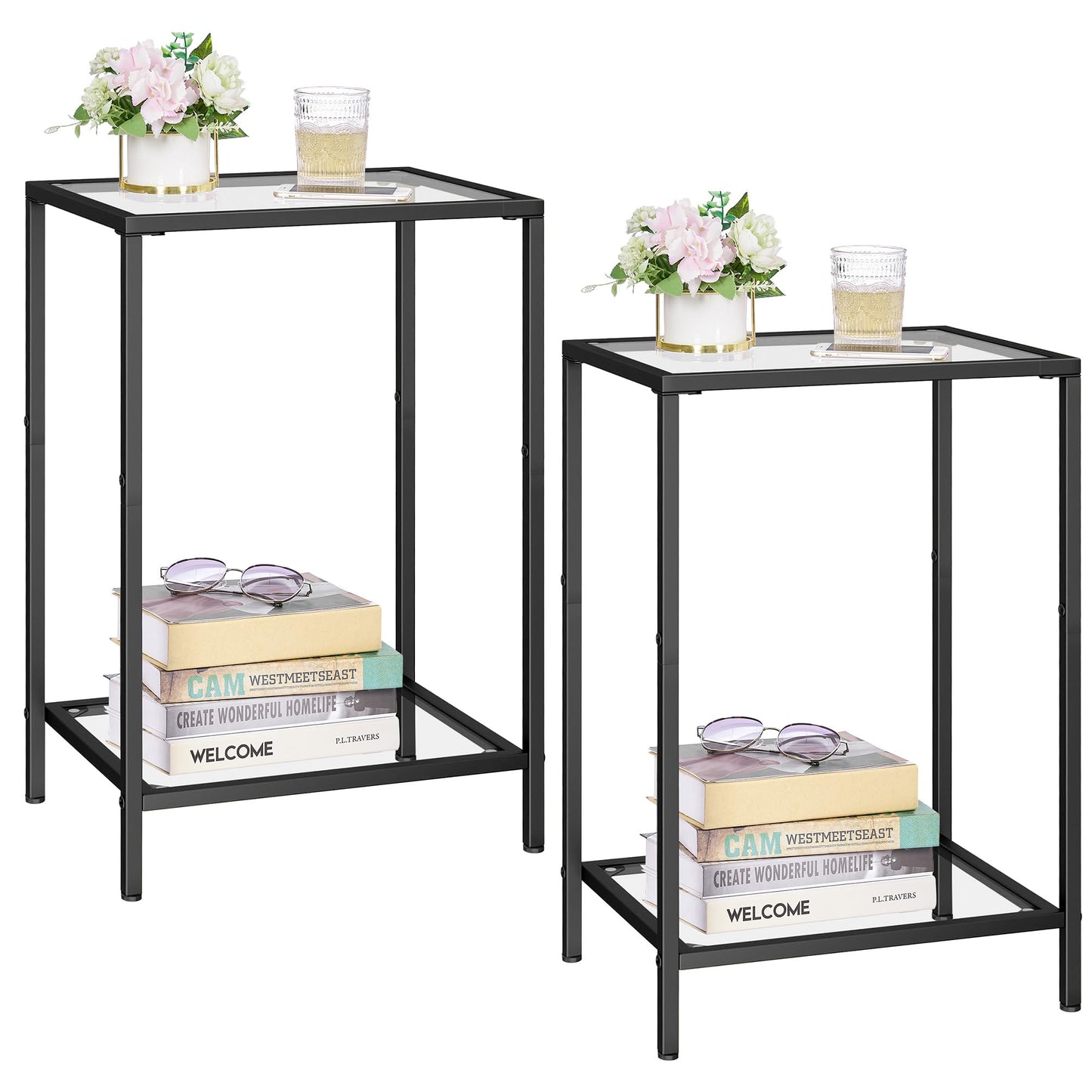 HOMSHO Side Tables Set of 2, End Tables with Tempered Glass, 2-Tier Nightstands with Storage Shelves, Coffee Table with Modern Style, Slim Sofa Table for Living Room, Bedroom, 11.8" D x 15" W, Black