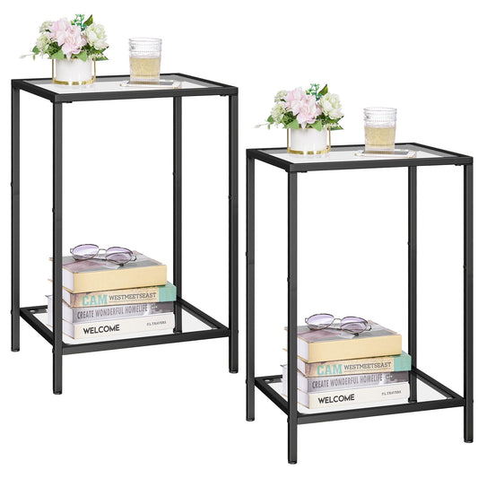 HOMSHO Side Tables Set of 2, End Tables with Tempered Glass, 2-Tier Nightstands with Storage Shelves, Coffee Table with Modern Style, Slim Sofa Table for Living Room, Bedroom, 11.8" D x 15" W, Black