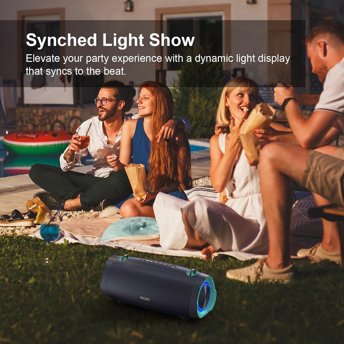 DOSS Extreme Boom Pro D100 Bluetooth Speaker with 140W Peak, 70W Bold Sound, Extra Bass, 24H Playtime, Beat-Sync Lights, Built-in Battery Sharing, IPX6 Waterproof, Portable Strap for Outdoor-Blue