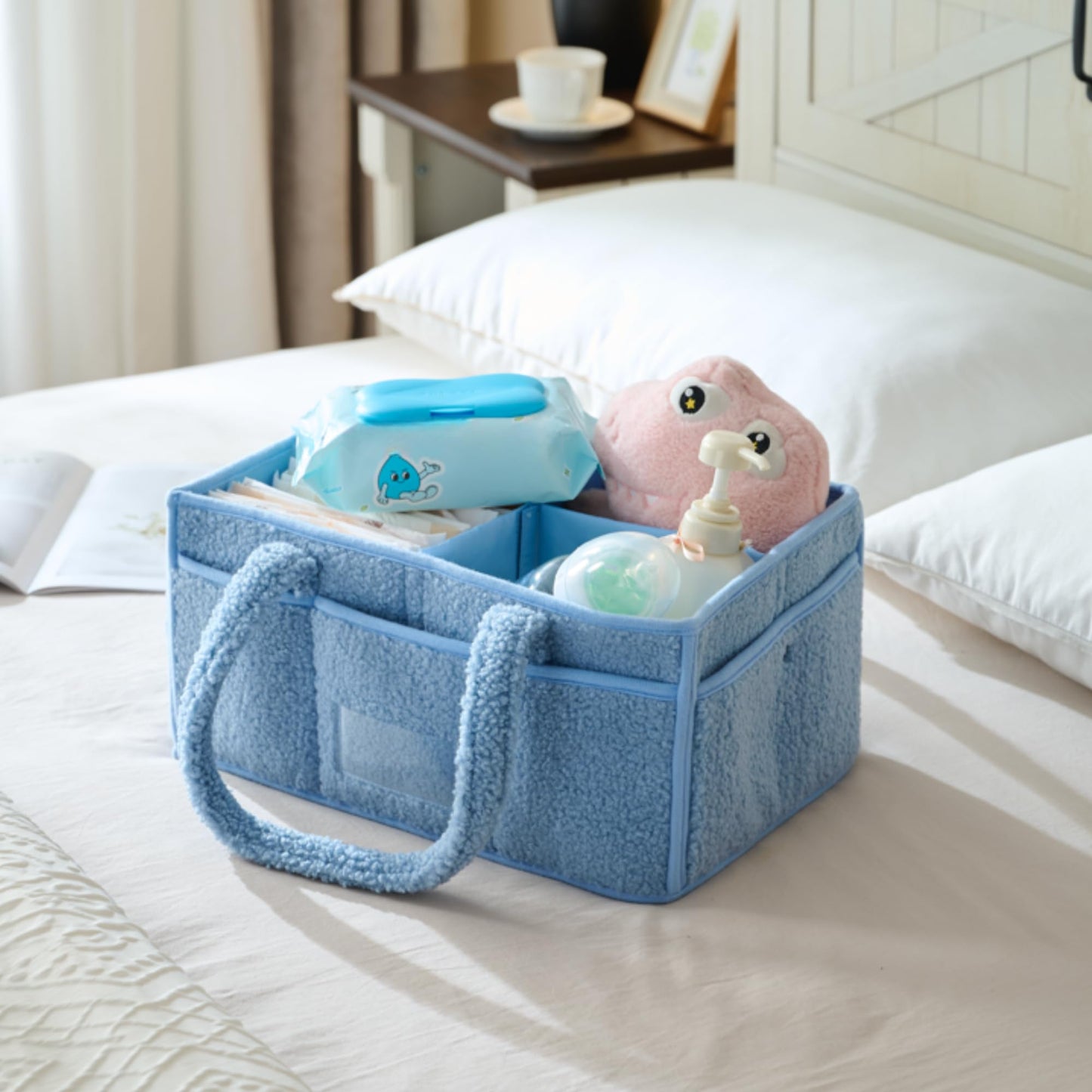 luxury little Diaper Caddy Organizer, Large Cotton Rope Nursery Baby Basket, Changing Table Organizer for Baby Diaper Storage, Portable Car Organizer with Removable Divider (Blue)