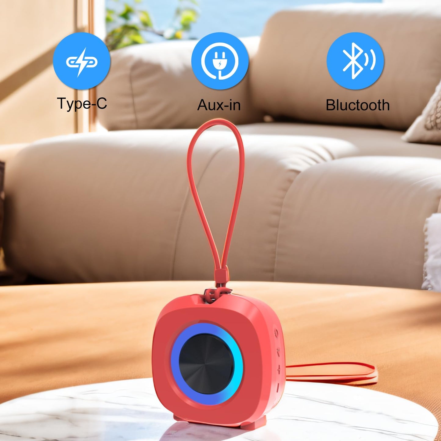 PEICHENG Speaker, Small Portable Bluetooth Wireless IPX5 Waterproof Shower Speaker,Loud Stereo Sound Deep Bass,Dual Pairing, RGB Lights,Long Playtime for Outdoor Party, Great Gift,1PC(Red)
