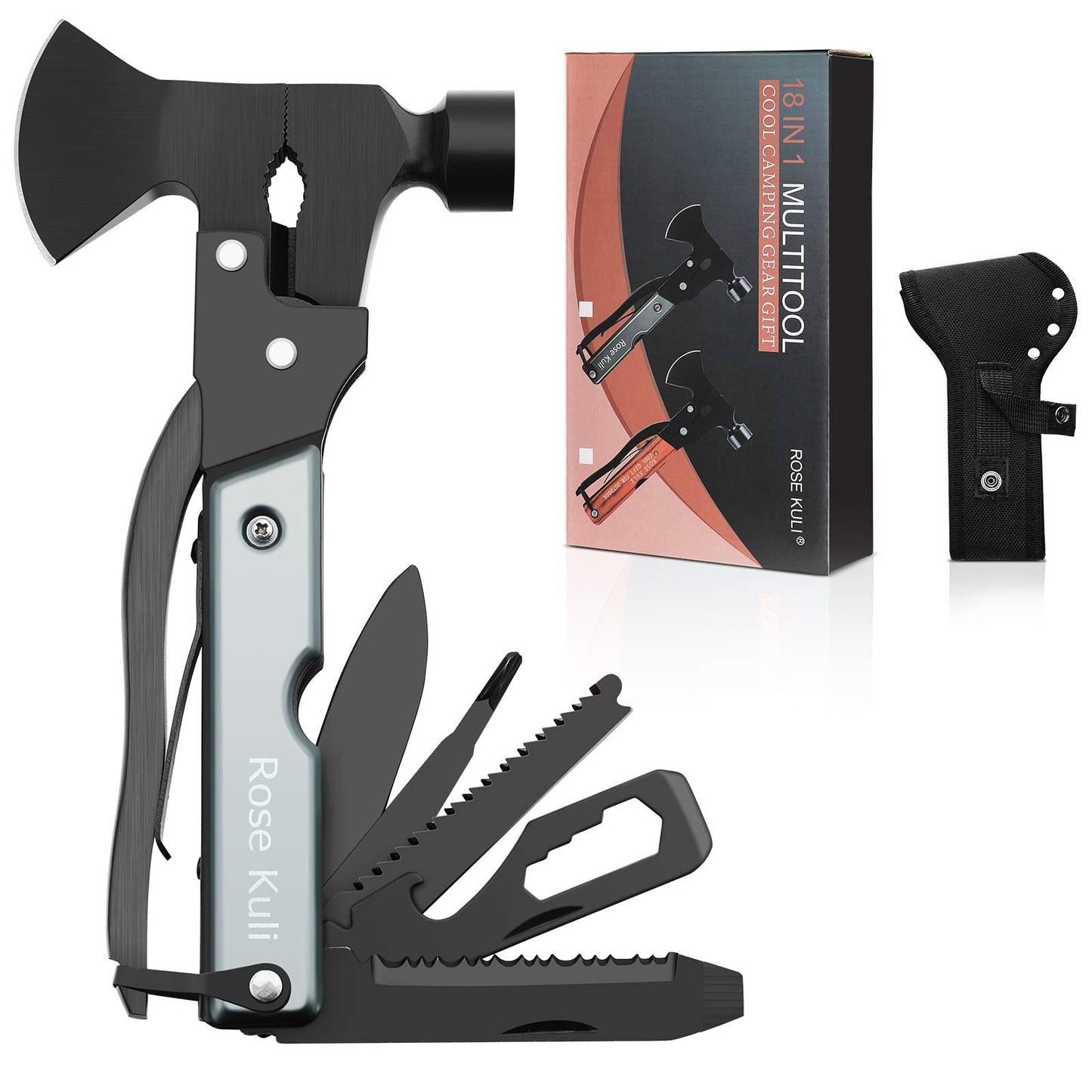 Multitool Camping Accessories Gifts for Men Dad, 18 in 1 Survival Compact Hatchet Multi Tools with Knife Axe Hammer Saw Screwdrivers Pliers Bottle Opener for Hunting Hiking Fishing