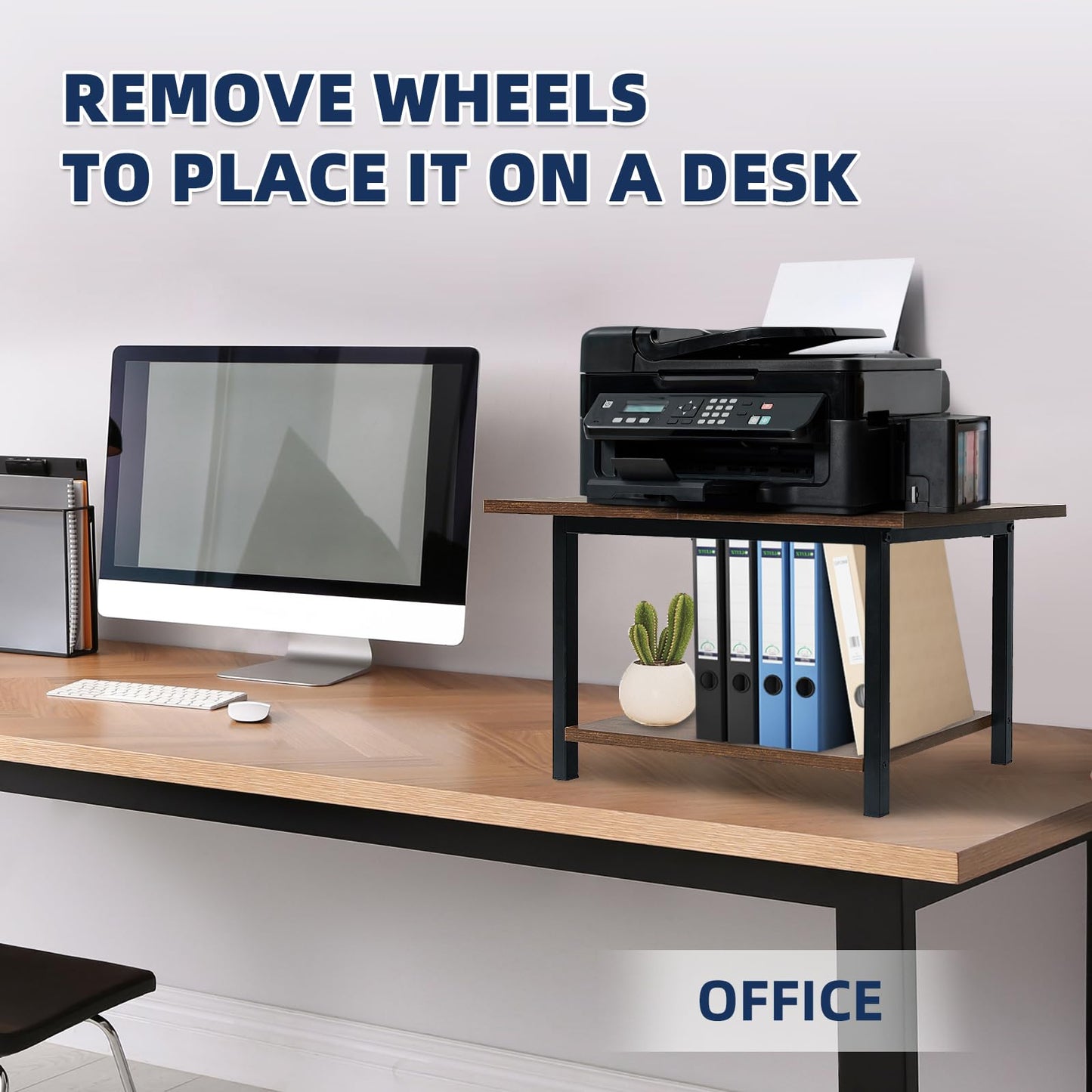 storenization Printer Stand with Storage Shelf, Small Printer Stand for Desk Office Home, Under Desk Printer Table with Rolling Wheels, Heavy Duty Mobile Machine Cart with Shelf, Rustic Brown