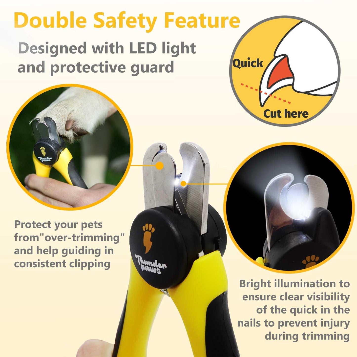 Thunderpaws LED Dog Nail Clippers with Light, Trimmers with Protective Guard, Quick Sensor, Safety Lock and Nail File - Suitable for Large and Small Dogs & Cats (Yellow, LED)