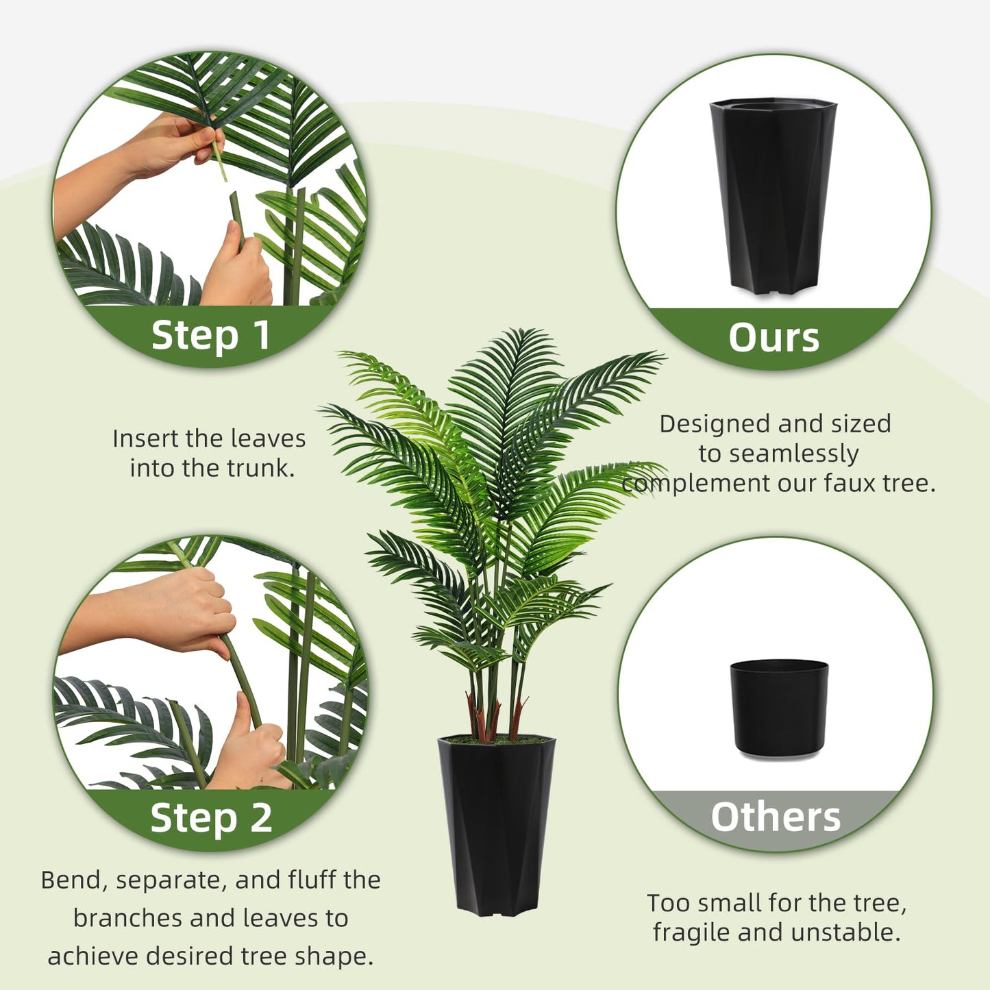 Artificial Palm Plant Indoor 5FT Fake Tree with White Diamond Planter Faux Tropical Areca Tall Fake Floor Plant in Pot Artificial Trees for Home Office Living Room Decor Indoor