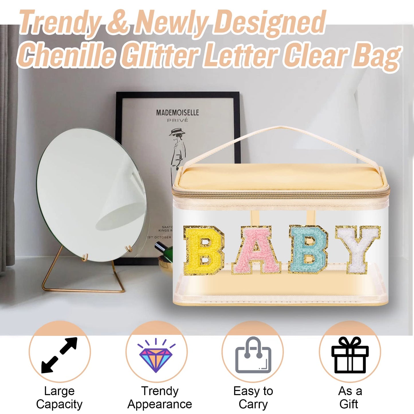 Chenille Letter Clear Makeup Bags Baby Pouch, Preppy Patch Makeup Bag Zipper with Handle, Transparent PVC & Nylon Waterproof Glitter Cosmetic Handbag Travel Toiletry Storage for Women Girl(BABY-Beige)