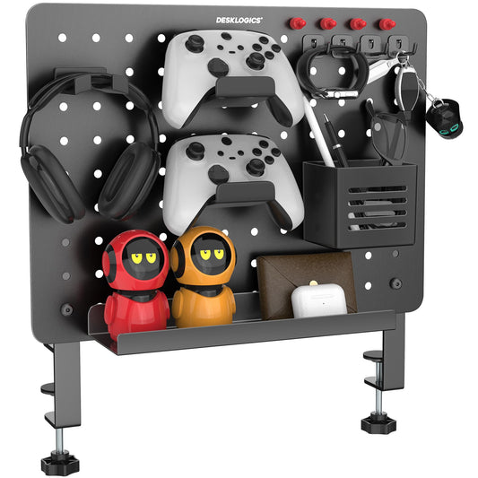 Clamp-on Desk Pegboard, Steel Desktop Organizer Magnetic Metal Peg Board for Gaming & Office, Standing Desk Accessories, No-Drill (Black)