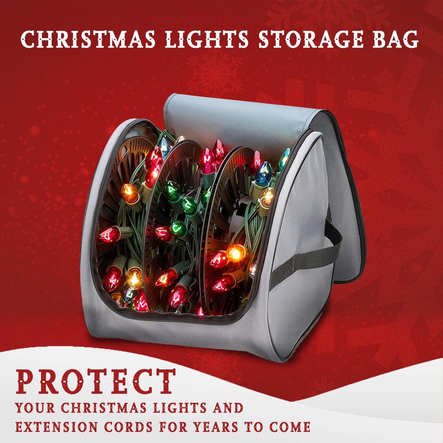 Premium Christmas Light Storage Bag – Heavy-Duty 600D Tear-Proof Material with Reinforced Handles – Includes 3 Reels, Stores up to 375 Ft of Mini Lights & Extension Cords – Grey with PVC Lining