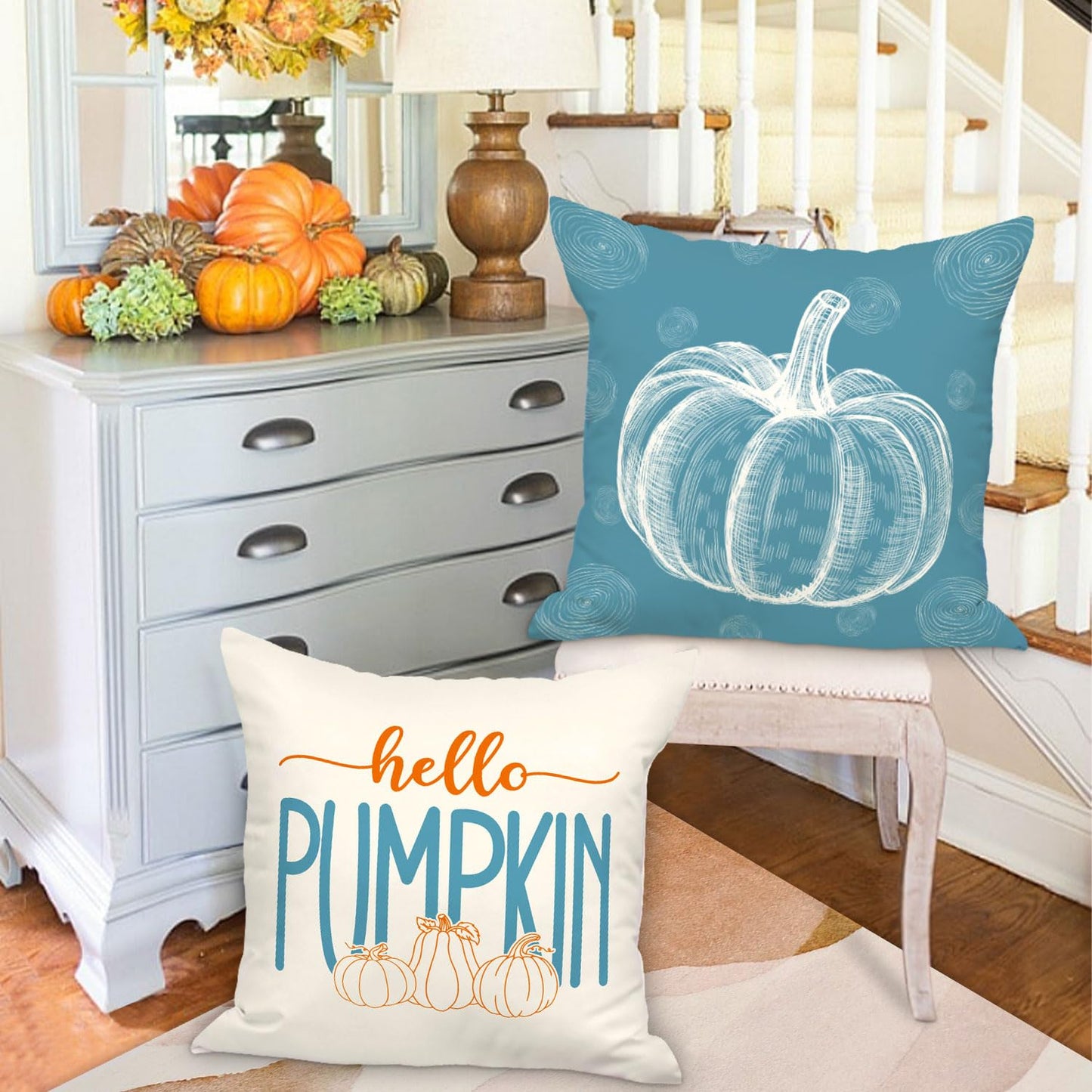 Ywlake Teal 18x18 Throw Fall Pillow Covers Set of 4, Maple Leaf Pumpkin Decorative Holiday 18 x 18 Autumn Cushion Covers Thanksgiving Pillow Case for Indoor Home Bedroom Couch Sofa Decor