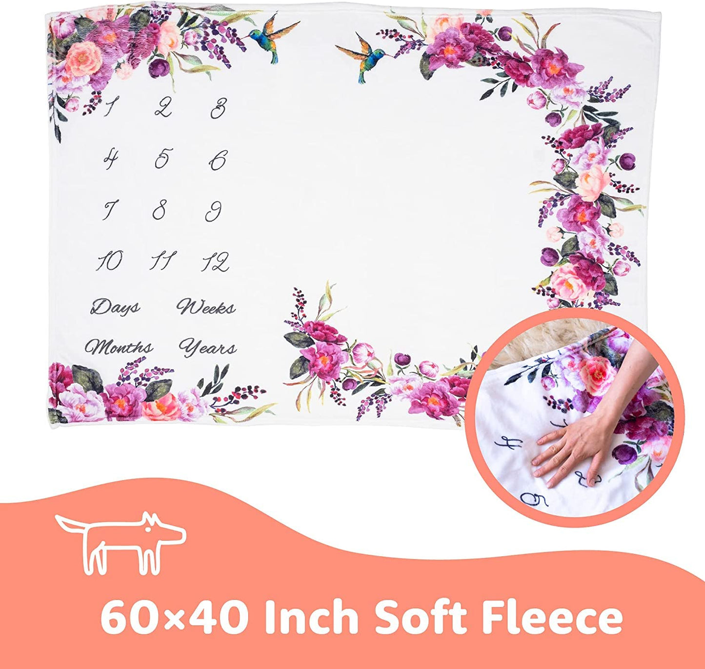 Bliss n' Baby Monthly Milestone Blanket for Baby Girl - 60"x40" - Wrinkle Free Baby Age Month Blanket with Growth Chart - Washable & Dryable - w/Wreath & Headband - Floral Theme