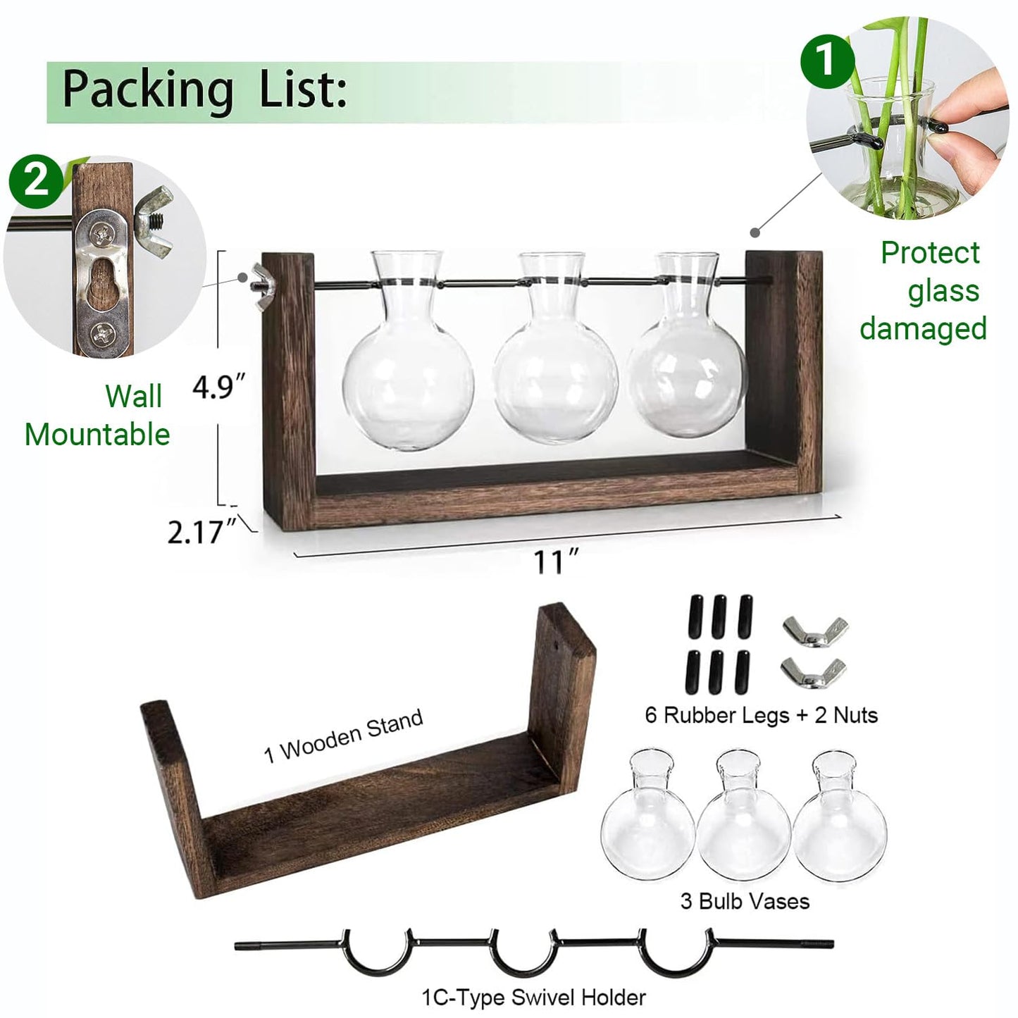 Ivolador Wall Hanging Plant Propagation Station,Bulb Plant Terrarium with Wooden Stand,Unique Gardening Gifts for Women Plant Lovers,Hydroponic Indoor Planter Home Office Decor-3 Bulb Glass Vases