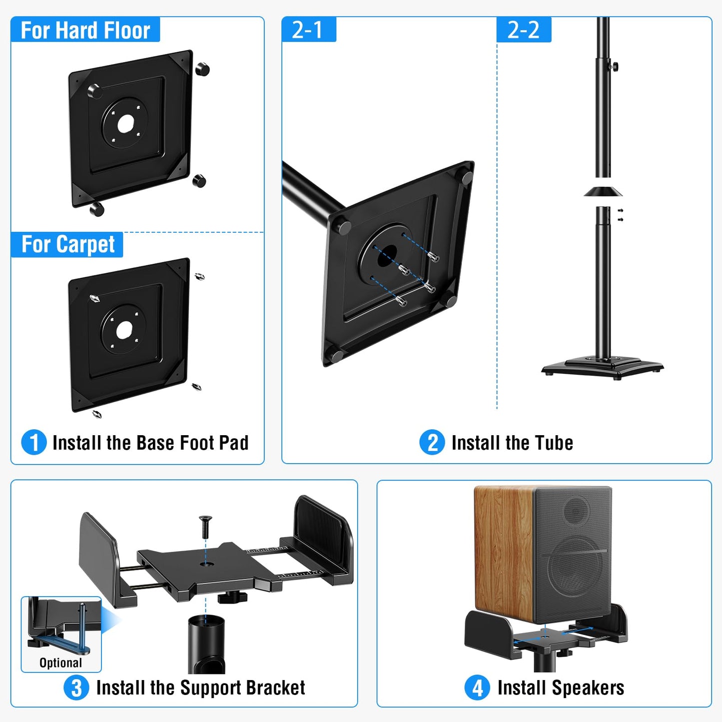 MOUNTUP Universal Speakers Stands Pair 34" to 43.3" Height Adjustable Holds Bookshelf Speakers Satellite Speakers Up to 11LBS Cable Concealing 1 Pair Spring-Loaded Plate Extends to 10" MU9138 Black