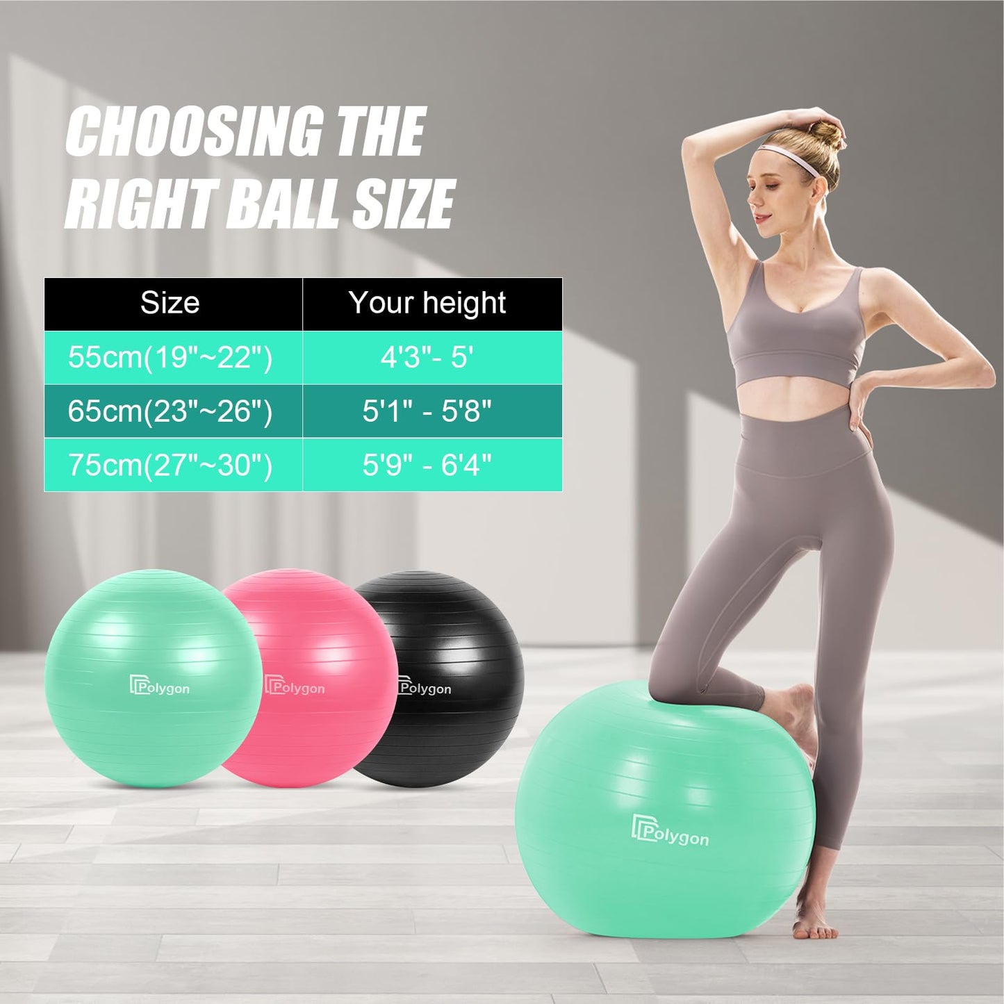 Polygon Exercise Ball - Professional Grade Anti-Burst Fitness Yoga Ball for Pilates, Pregnancy, Balance, Stability - Ideal for Home, Office, and Gym Workouts(Mint-65CM)