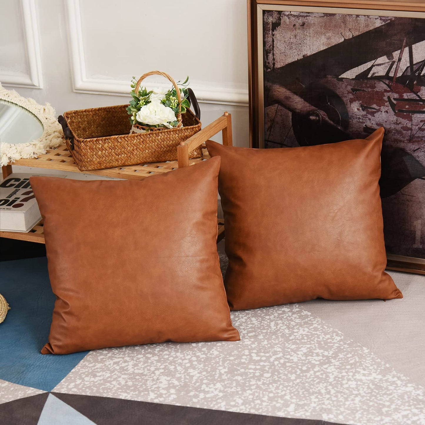 Tosewever Faux Leather Throw Pillow Covers, 16 x 16 inch Set of 2 Luxury Cognac Brown Modern Pillowcases Solid Decorative Square Cushion Cases for Bedroom Living Room Couch Bed Sofa (Brown, 16" x 16")