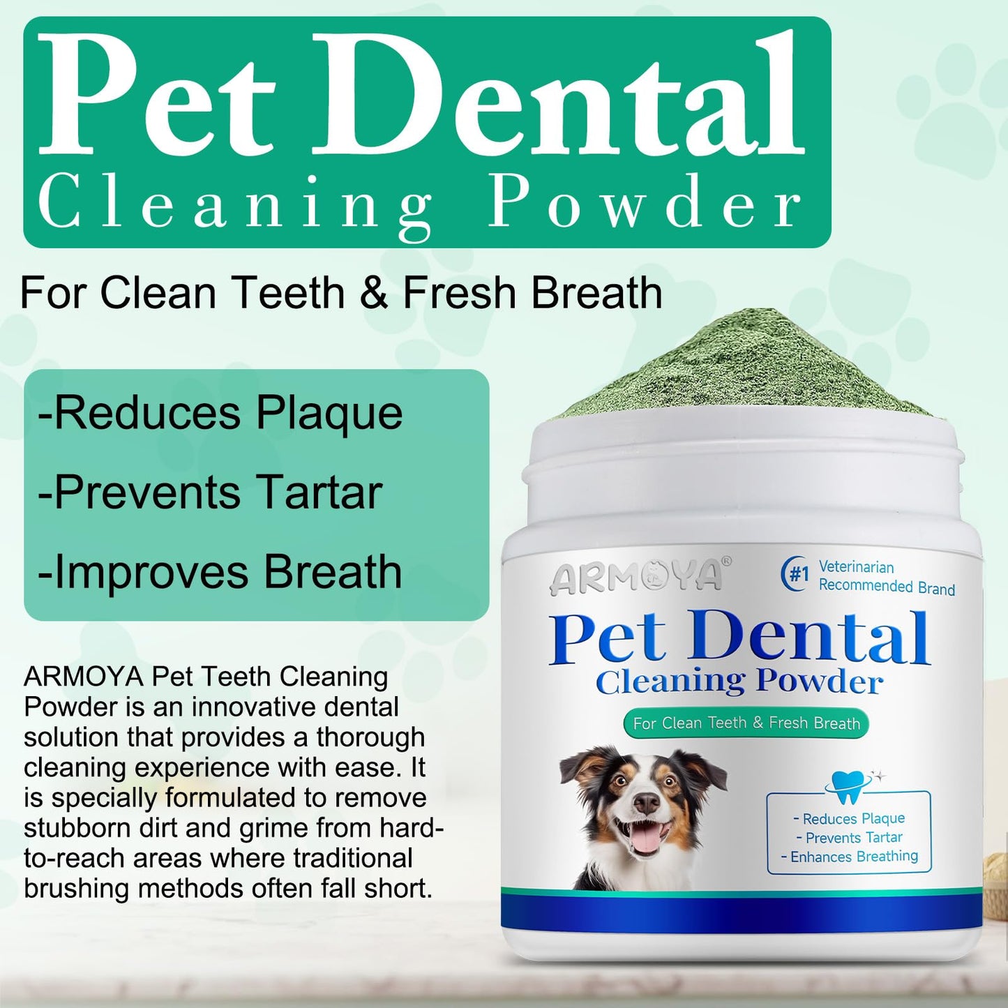 ARMOYA Dog Dental Powder - Teeth Cleaning Powder for Dogs - Dental Powder for Dogs - Dog Dental Care - Plaque & Bad Breath Off Powder Dog - Dental Care Supplies for Small - Medium - Large Dogs