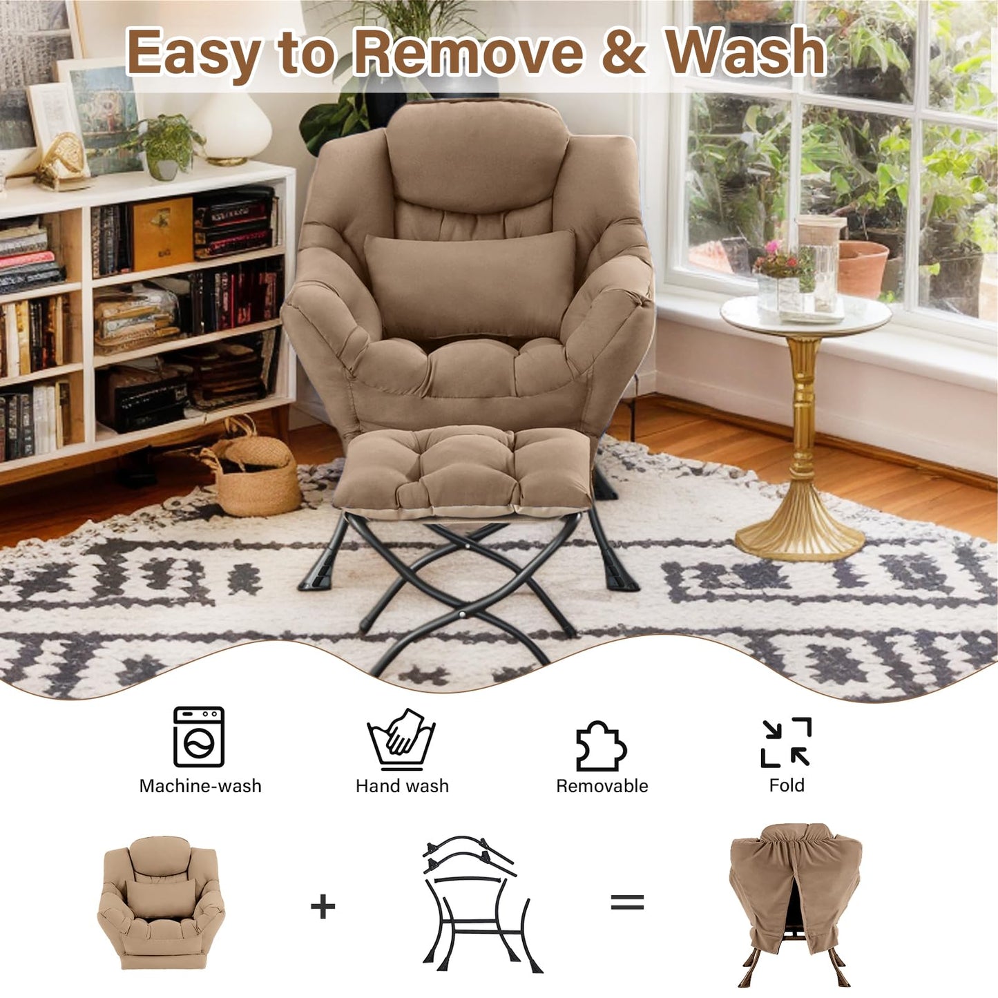 Furlide Lazy Chair with Ottoman, Modern Lounge Armchair with Lumbar Pillow, Accent Cozy Reading Chair and Folding Footstool for Bedroom, Dorm, Living Room,Khaki