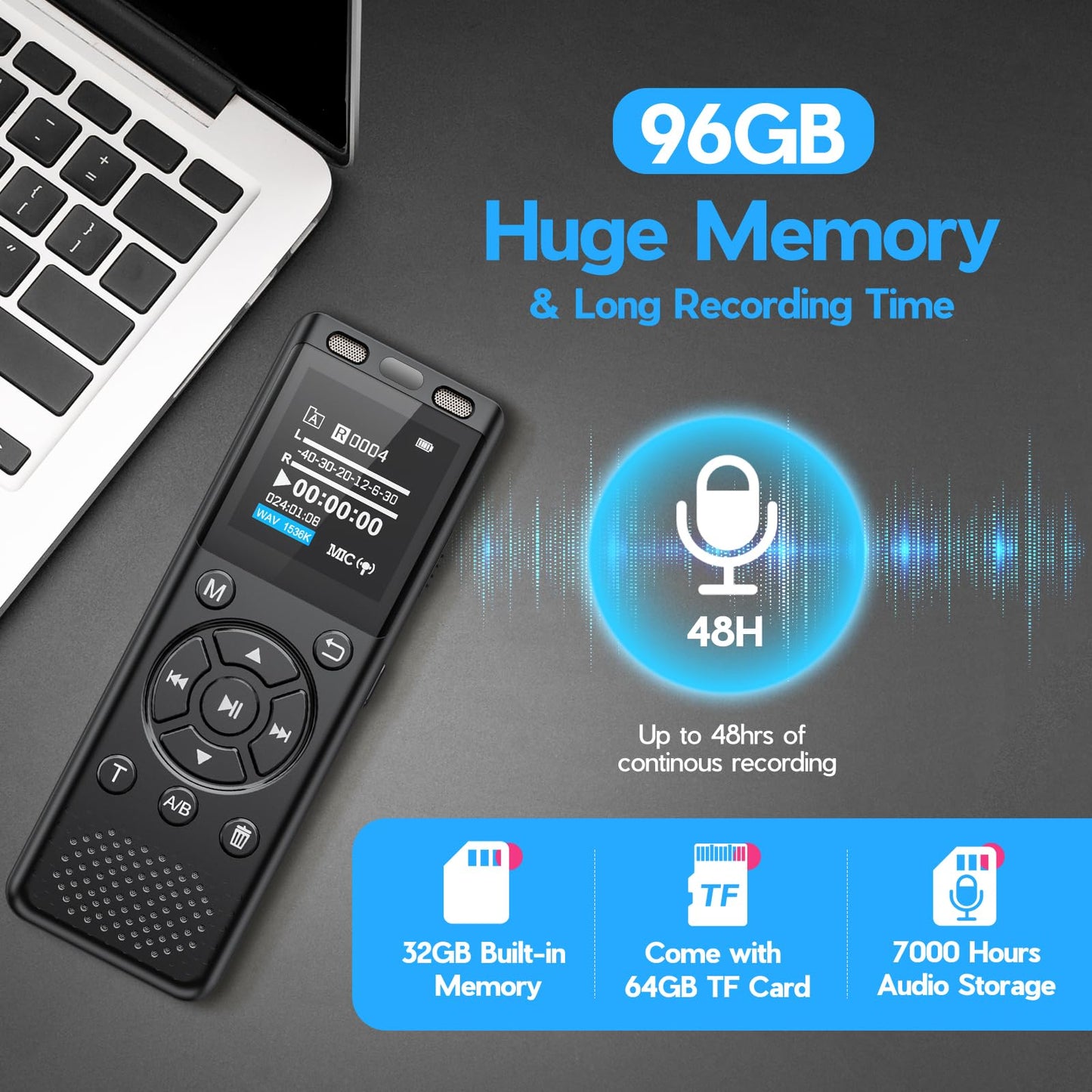 96GB Digital Voice Recorder One Click, HD Recording Easy Control Voice Recorder with Playback, Large Screen 7000 Hours Sound Audio Recorder Recording Tape for Lectures Meeting MP3 Player