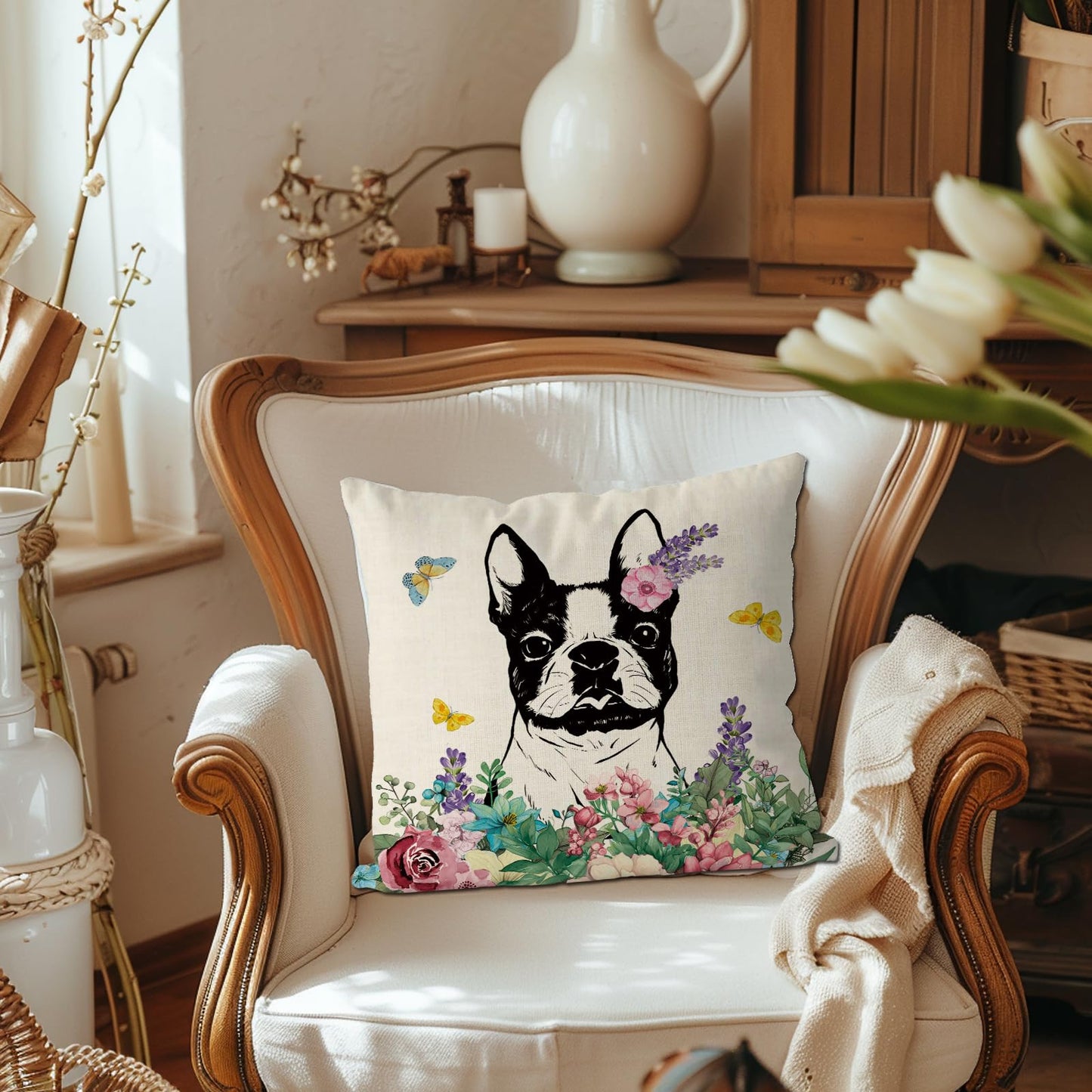 QIONG MENG Spring Pillow Covers 18x18 Inch Boston Terrier Flower Throw Pillow Case Spring Dog Cushion Case for Home Sofa Living Room Farmhouse Decorations