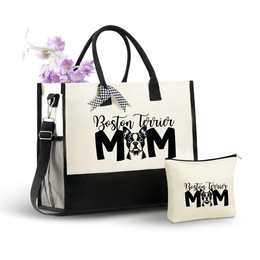 InnoBeta Boston Terrier Gifts for Women Canvas Tote Bag, Boston Terrier Gifts Tote with Top Zipper Closure and Shoulder Strap for Birthday, Mother's Day, Christmas