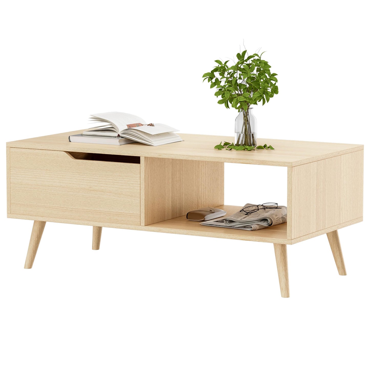 DIYART Oak Coffee Table, Mid Century Modern Coffee Table with Drawer & Shelf, 39'' Wooden Simple Console Table for Living Room